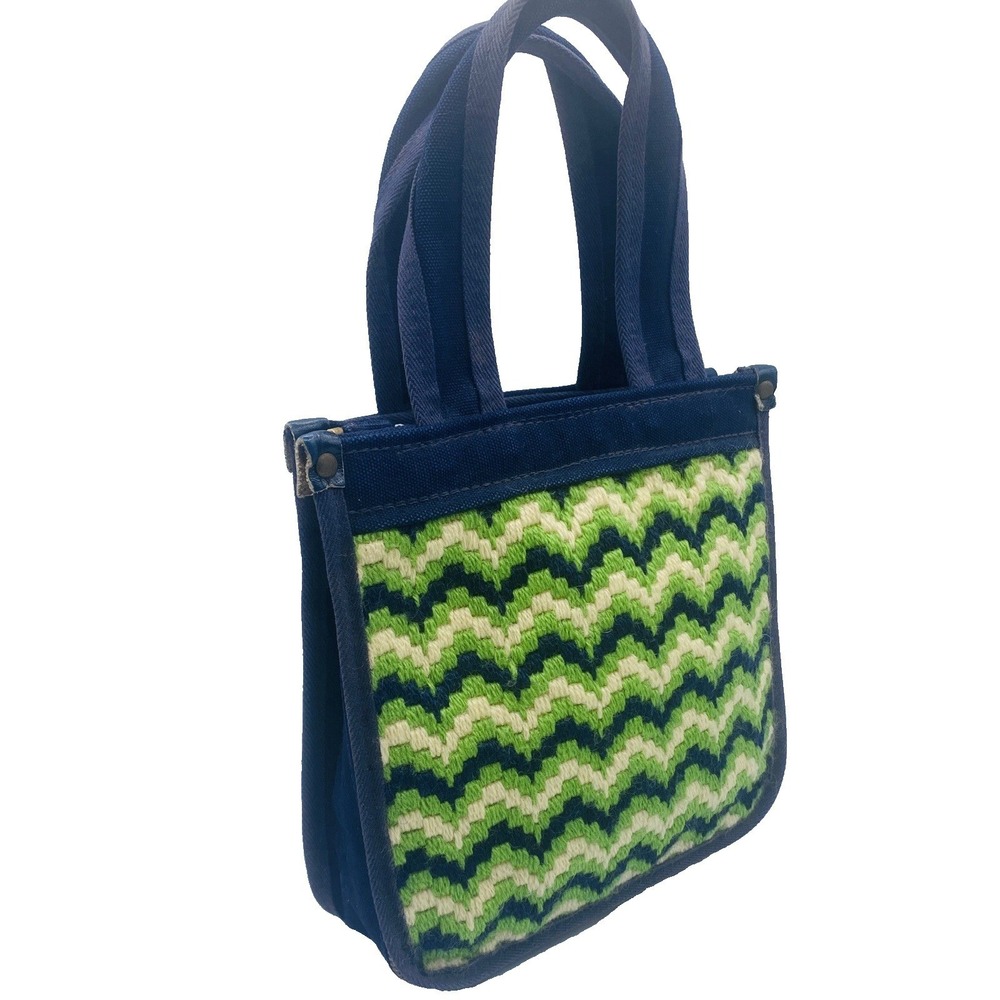 Retro Needlepoint 60s 70s Womens Handbag Purse Bag Navy‎ Blue Green White OOAK